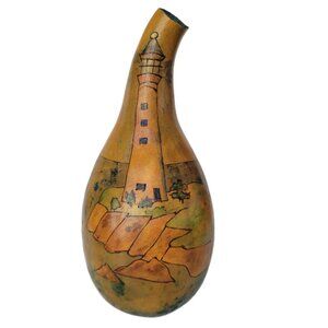 Decorative Gourd with Nautical Lighthouse Scene Signed Folk Art